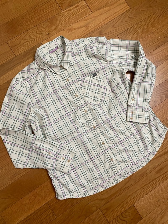 L.L. Bean Tops - L.L. Bean Cream Plaid Button-Down Shirt with Green and Purple Lines